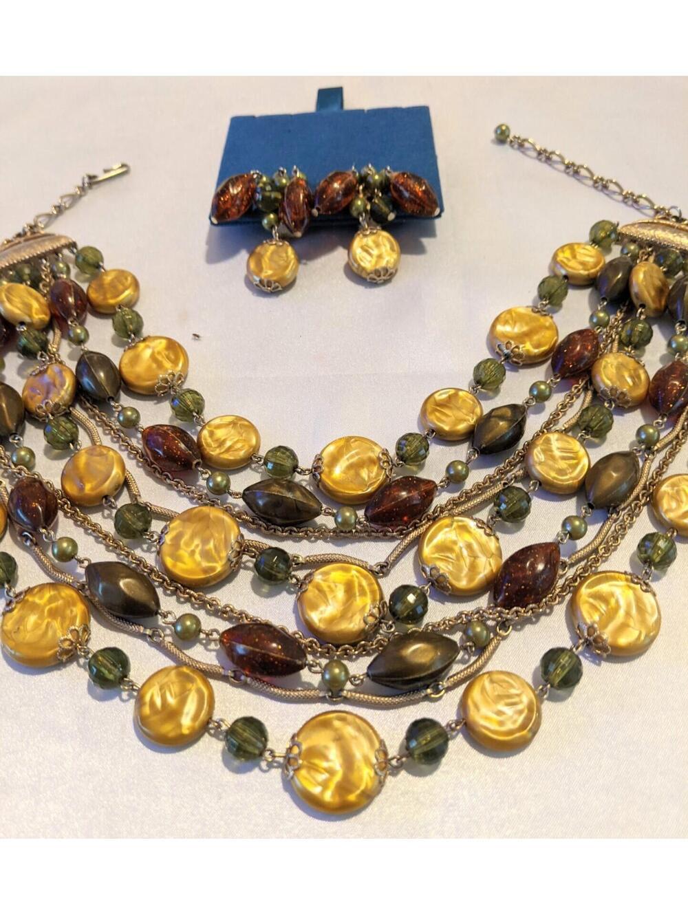 Vintage 70's Chunky Lucite Plastic Beaded Necklace Multi-Strand With Earrings